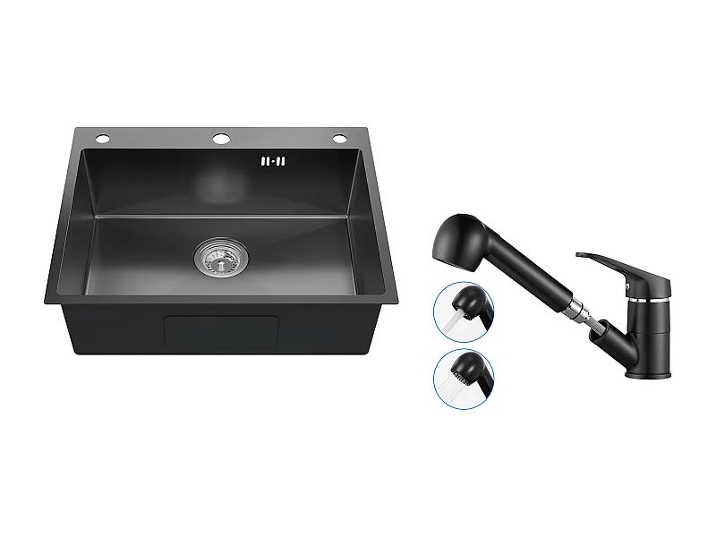 Auralum max Évier Cuisine à Encastrer,1 Bac,60*49*20CM,Acier inoxydable 304,Noir+Mitigeur Cuisine avec Douchette Extractible Rotatif 360°,Noir