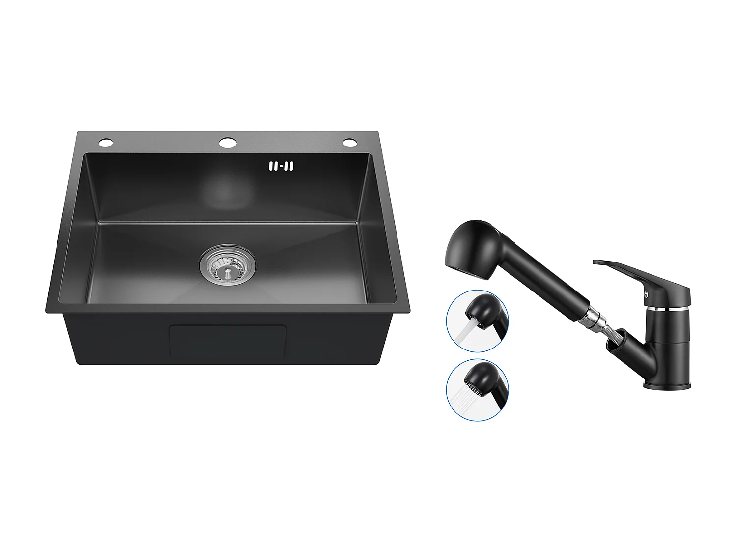 Auralum max Évier Cuisine à Encastrer,1 Bac,60*49*20CM,Acier inoxydable 304,Noir+Mitigeur Cuisine avec Douchette Extractible Rotatif 360°,Noir