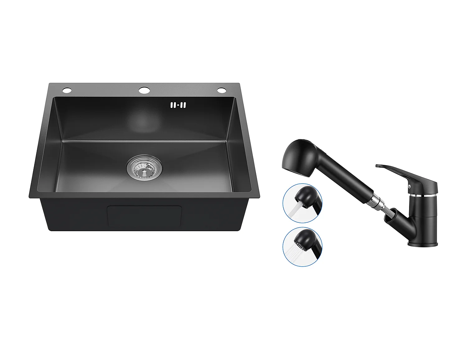 Auralum max Évier Cuisine à Encastrer,1 Bac,60*49*20CM,Acier inoxydable 304,Noir+Mitigeur Cuisine avec Douchette Extractible Rotatif 360°,Noir