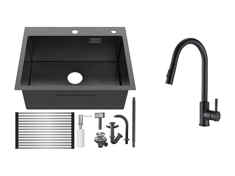 Aanrecht Keuken1Bak 58*45*18CM,met oprolbare gootsteenafdruiprek/zeepdispenser+360 ° roterende uittrekbare keukenkraan,2 functies,zwart