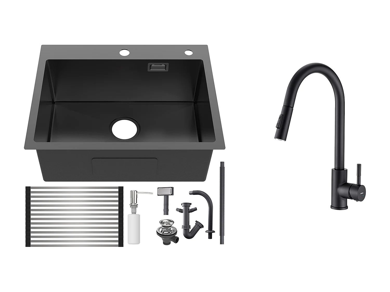 Fregadero Cocina1Bac 58*45*18CM,con Escurridor Fregadero Enrollable/Distribuidor Jabón+Grifo Cocina Extraíble Rotativo 360 °,2 Funciones,Negro