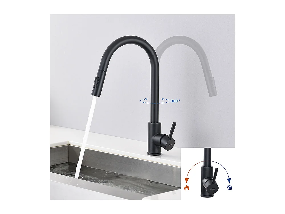 Évier Cuisine1Bac 58*45*18CM,avec Egouttoir évier Enroulable/Distributeur Savon+Robinet  Cuisine Extractible Rotatif  360 °,2 Fonctions,Noir
