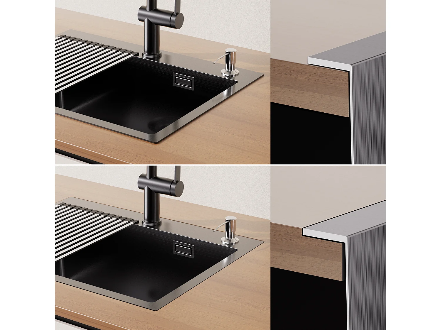 Küchenspüle 1 Becken 58*45*18CM, mit aufrollbarem Abtropfgestell/Seifenspender+360° drehbarem ausziehbarem Küchenhahn, 2 Funktionen, Schwarz