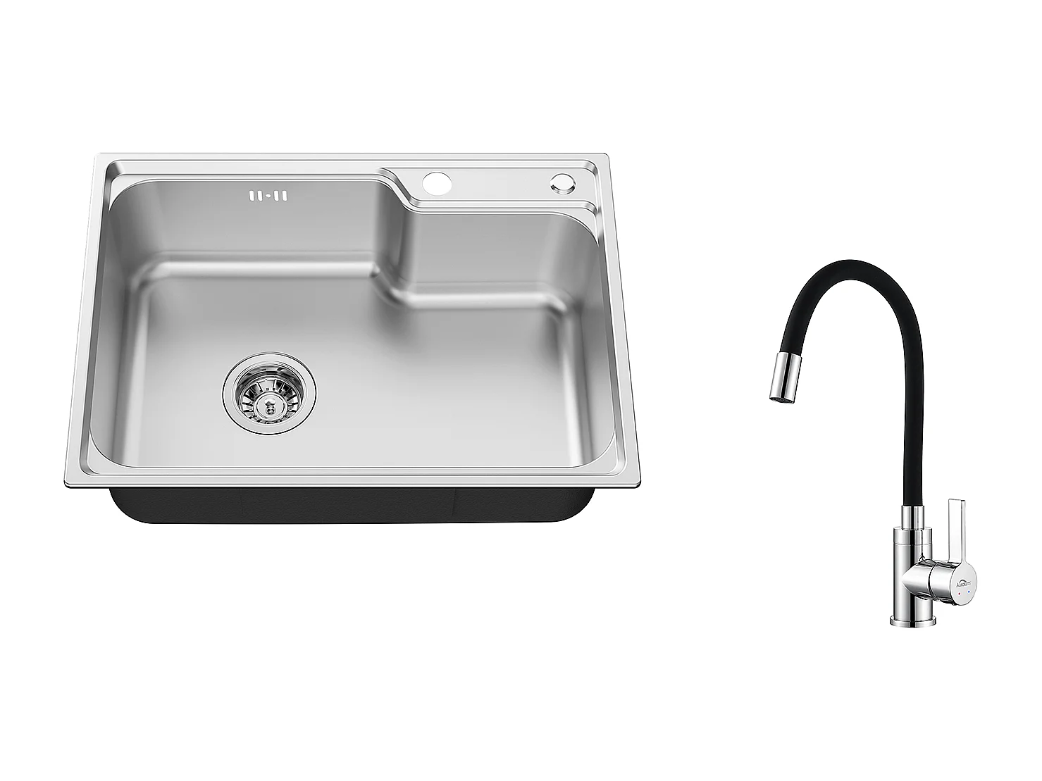 Auralum Max Évier Cuisine 1 Bac 62*45*21CM,en Inox PVD Nano Vasque à Poser,Argent+Robinet de Cuisine Flexible Bec Haut Orientable