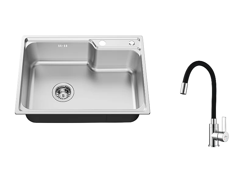 Auralum Max Évier Cuisine 1 Bac 62*45*21CM,en Inox PVD Nano Vasque à Poser,Argent+Robinet de Cuisine Flexible Bec Haut Orientable