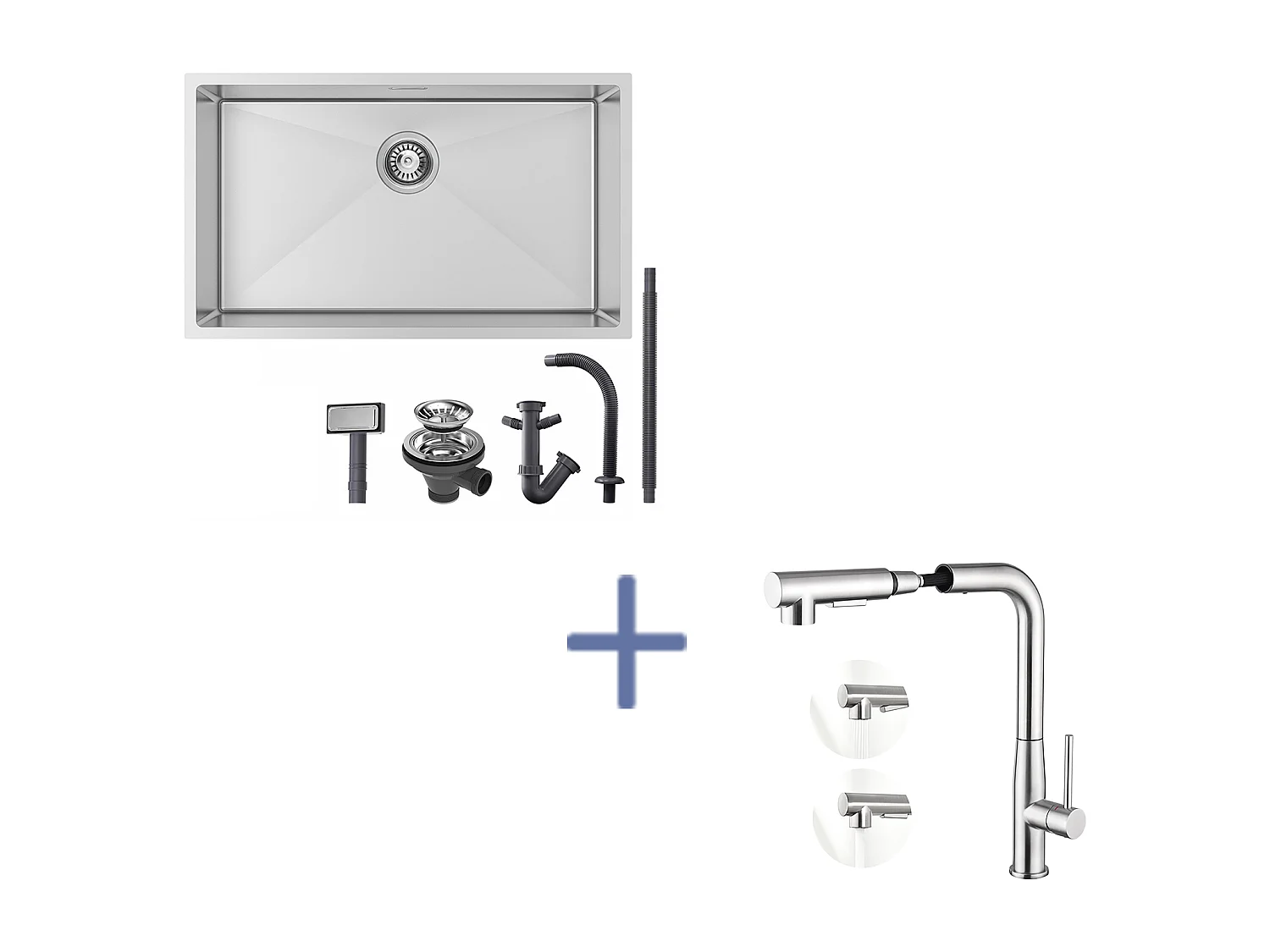 Fregadero Cocina 1 Bandeja 74*44*20CM 304 Inox Fregadero Cepillado con Sifón y Trop-Plein+Mezclador Cocina con Ducha Extraíble ,Cepillado