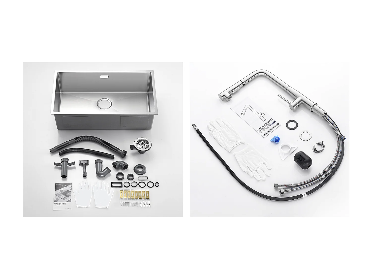 Fregadero Cocina 1 Bandeja 74*44*20CM 304 Inox Fregadero Cepillado con Sifón y Trop-Plein+Mezclador Cocina con Ducha Extraíble ,Cepillado