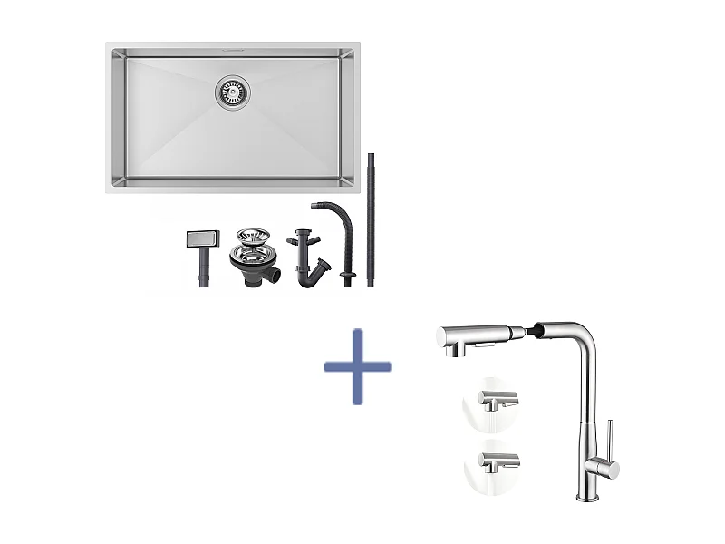 Fregadero Cocina 1 Bandeja 74*44*20CM 304 Inox Fregadero Cepillado con Sifón y Trop-Plein+Mezclador Cocina con Ducha Extraíble ,Cepillado