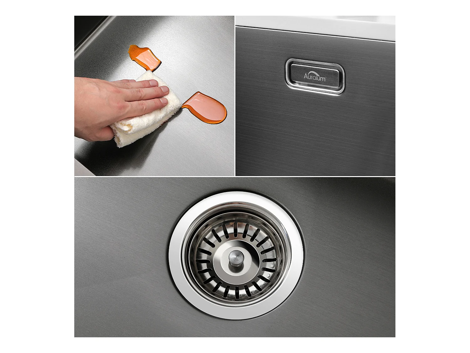 2 en1 Évier de Cuisine 1 Bac 55*44*19CM, à Encastrer/Fleur/ Sous-Plan, Noir+Robinet Cuisine Douchette Extractible Deux Jets Pivotant 360°