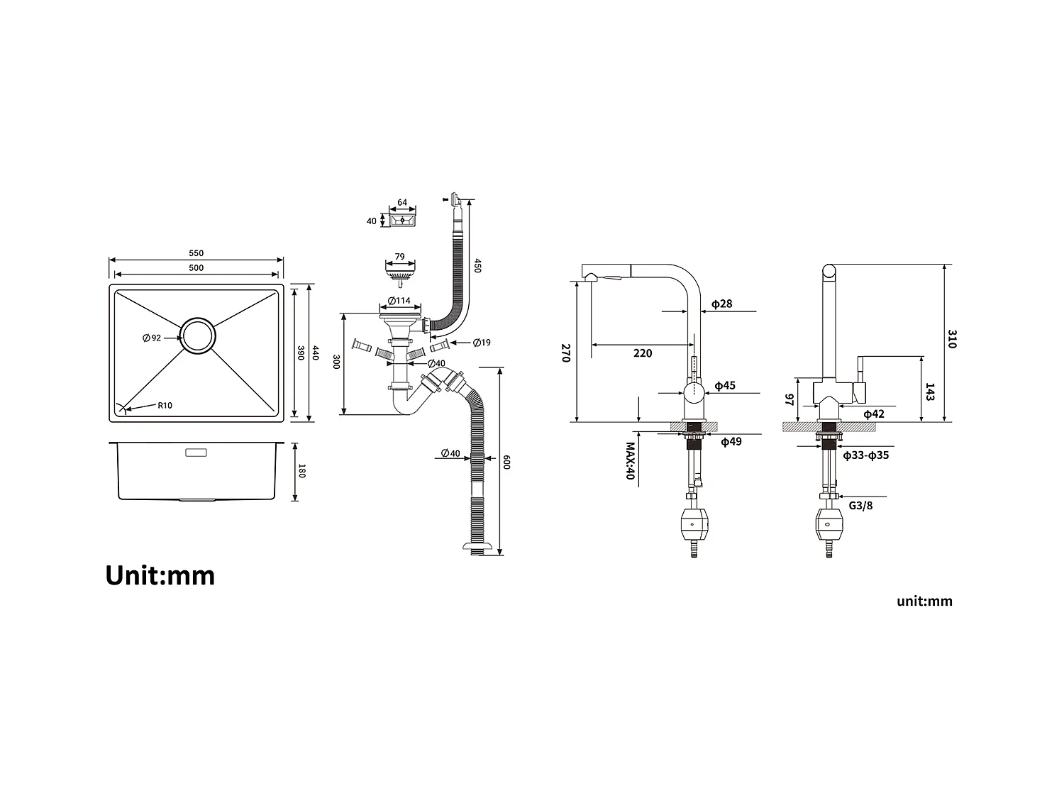 2 en1 Évier de Cuisine 1 Bac 55*44*19CM, à Encastrer/Fleur/ Sous-Plan, Noir+Robinet Cuisine Douchette Extractible Deux Jets Pivotant 360°
