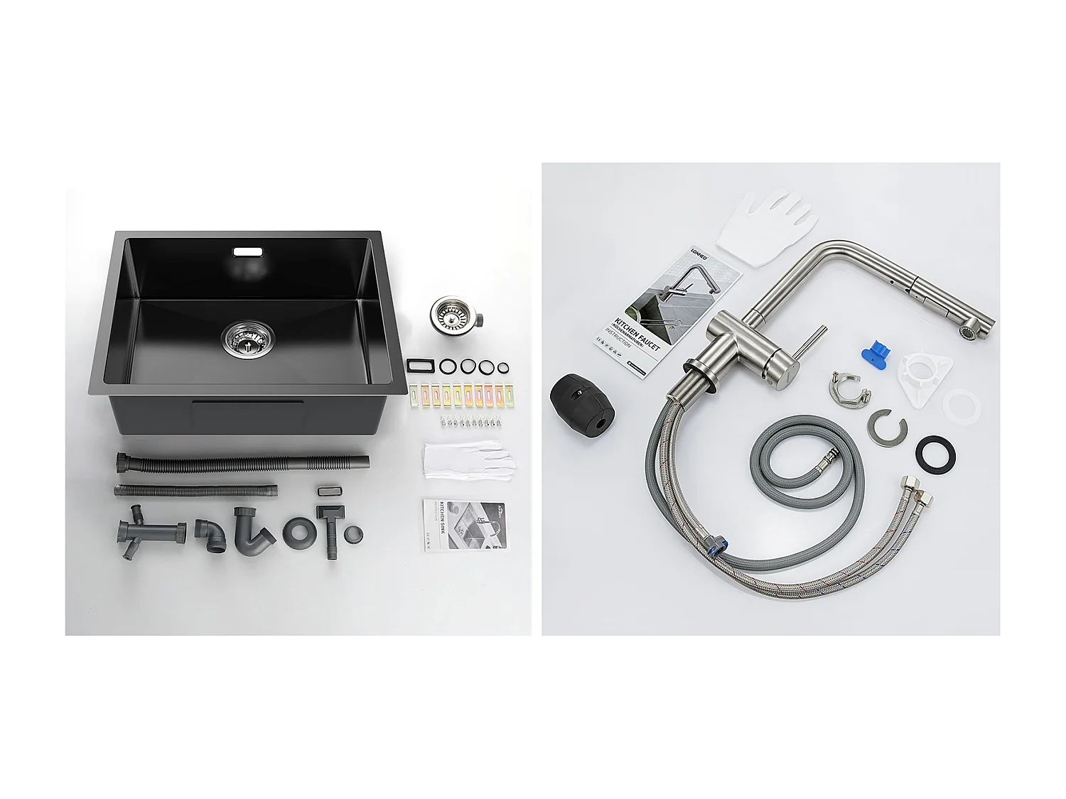 2 en1 Évier de Cuisine 1 Bac 55*44*19CM, à Encastrer/Fleur/ Sous-Plan, Noir+Robinet Cuisine Douchette Extractible Deux Jets Pivotant 360°