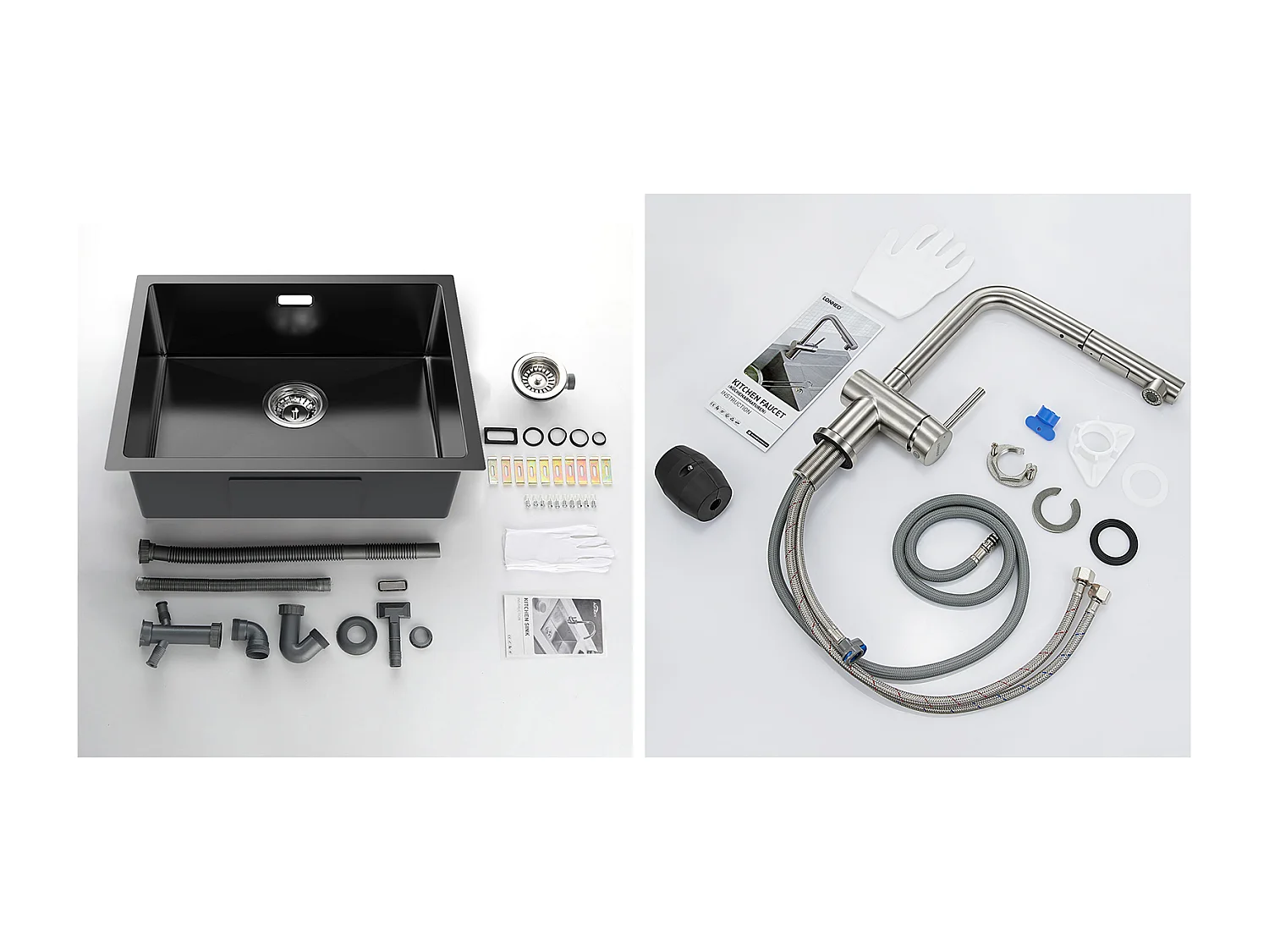 2 en1 Fregadero de Cocina 1 Bandeja 55*44*19CM, Empotrable/Flor/ Sub-Plan, Negro+Grifo Cocina Ducha Extraíble Dos Jets Giratorio 360°