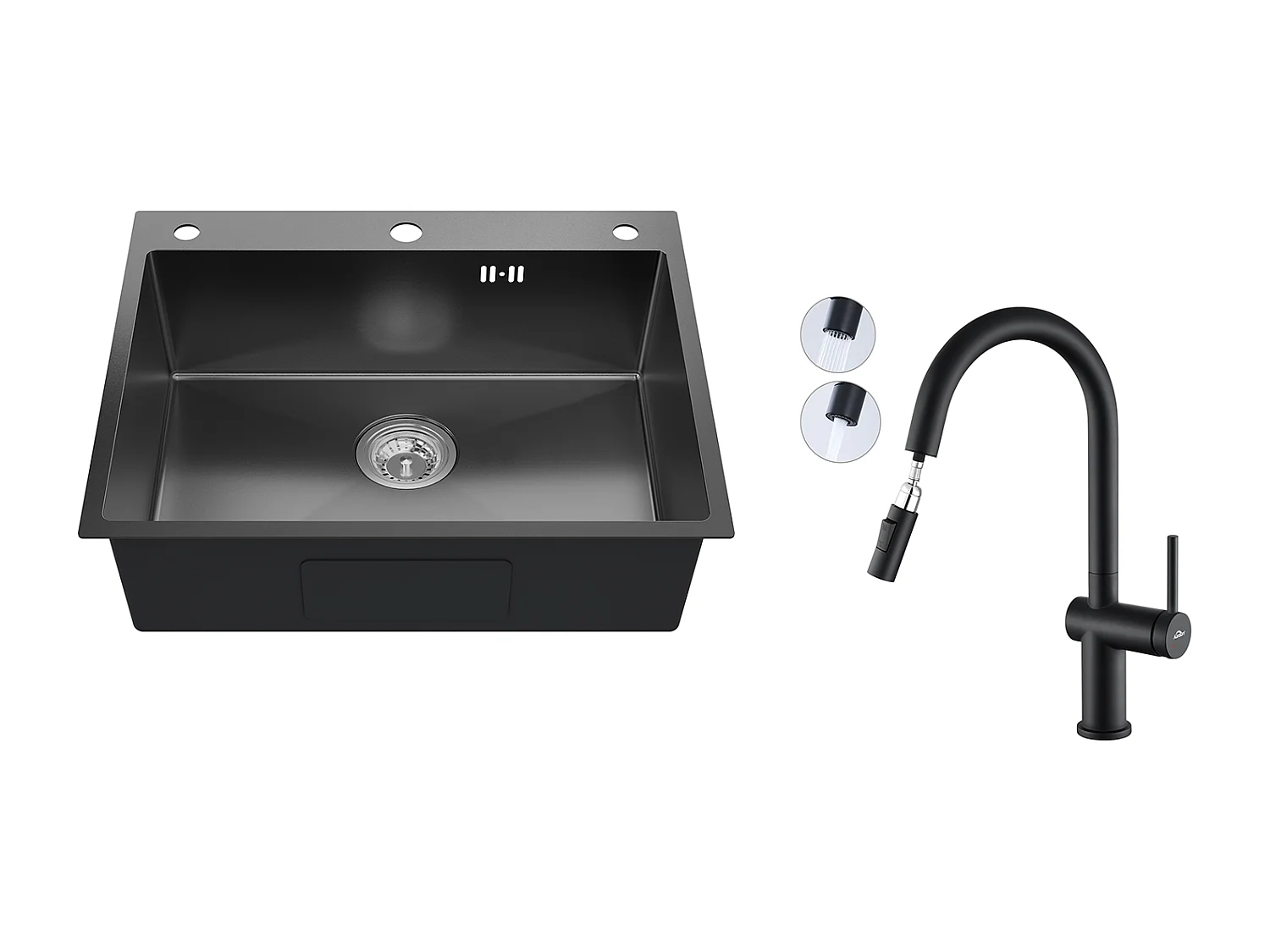 Auralum max Unterbauspüle, 1 Becken, 60 x 49 x 20 cm, Edelstahl 304, Schwarz + Ausziehbarer Küchenhahn mit zwei Funktionen, Schwarz