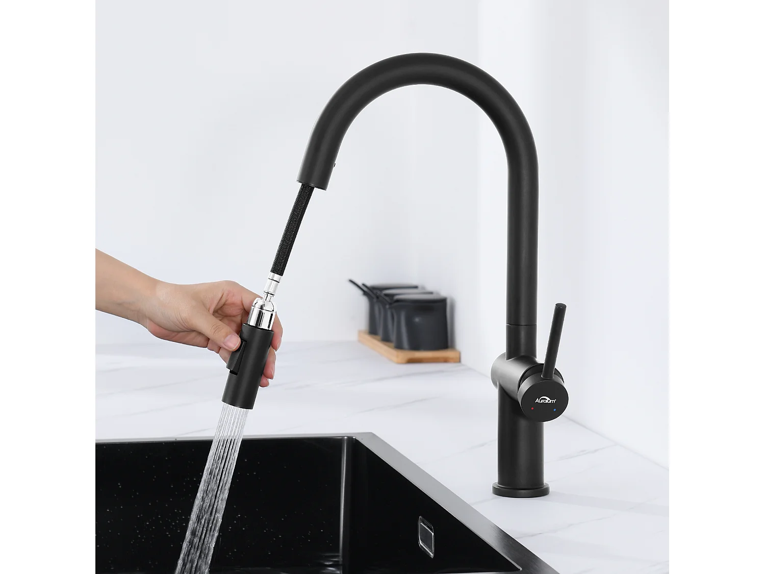 Auralum max Unterbauspüle, 1 Becken, 60 x 49 x 20 cm, Edelstahl 304, Schwarz + Ausziehbarer Küchenhahn mit zwei Funktionen, Schwarz