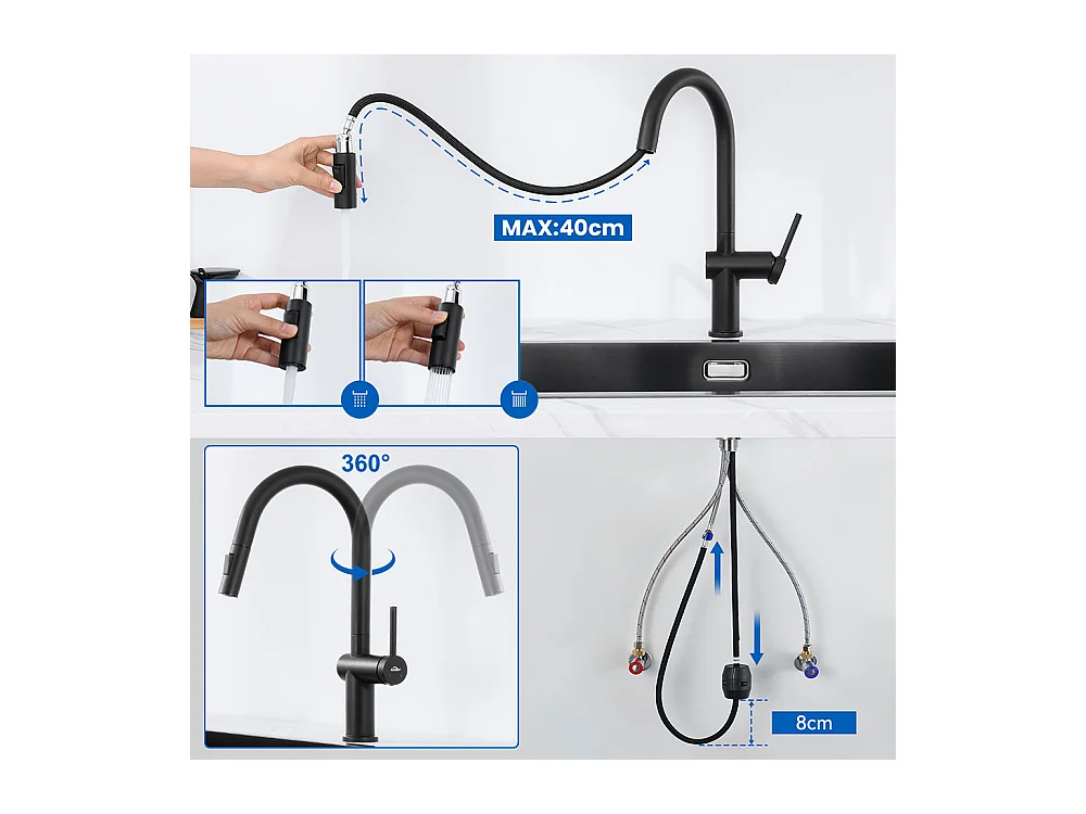 Auralum max Unterbauspüle, 1 Becken, 60 x 49 x 20 cm, Edelstahl 304, Schwarz + Ausziehbarer Küchenhahn mit zwei Funktionen, Schwarz