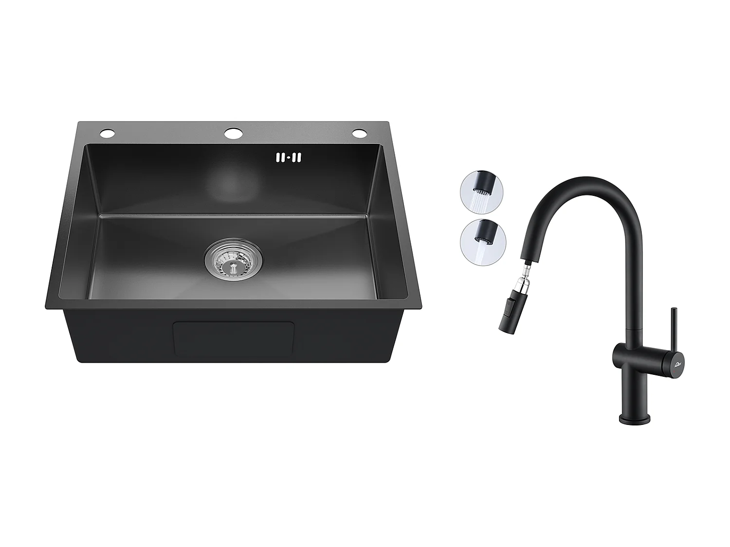 Auralum max Évier Cuisine à Encastrer,1 Bac,60*49*20CM,Acier inoxydable 304,Noir+Robinet de cuisine rétractable à deux fonctions, Noir