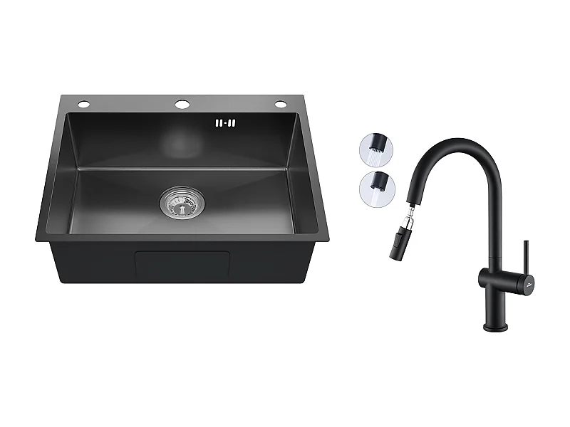 Auralum max Lavello da cucina da incasso,1 Bac,60*49*20CM,AcieR inossidabile 304,Nero+Rubinetto da cucina retrattile a due funzioni, Nero