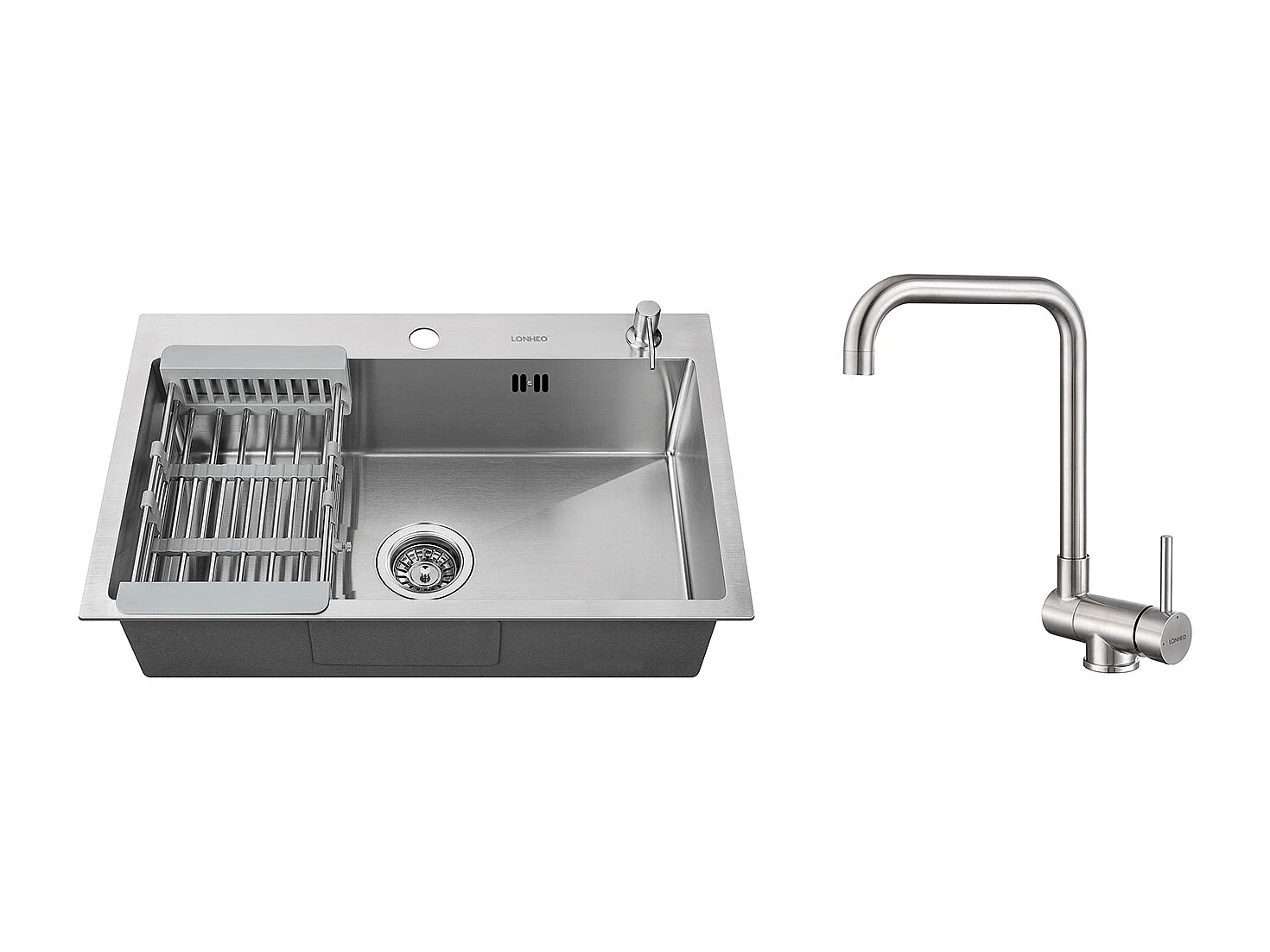 2 en1 Évier Cuisine Brossé 68x45x19CM avec Distrubuteur savon/ Égouttoir panier+Mitigeur Cuisine Rabattable Pivotant 360°  Eau froid Chaud