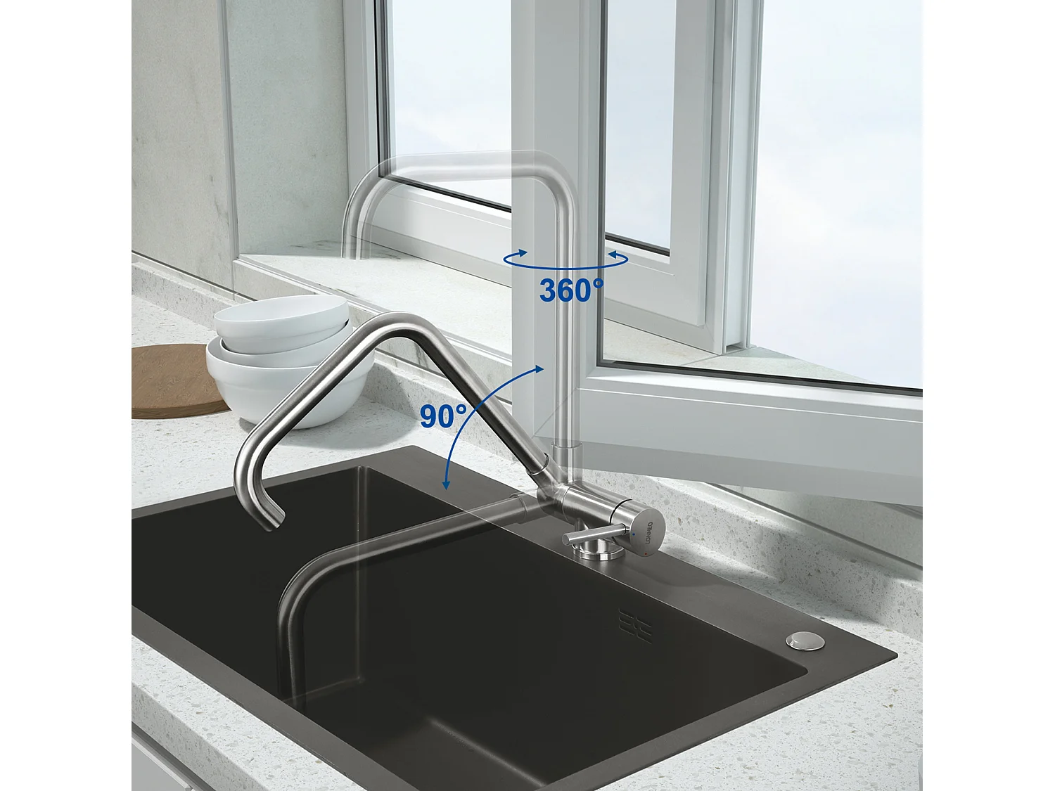 2 en1 Évier Cuisine Brossé 68x45x19CM avec Distrubuteur savon/ Égouttoir panier+Mitigeur Cuisine Rabattable Pivotant 360°  Eau froid Chaud