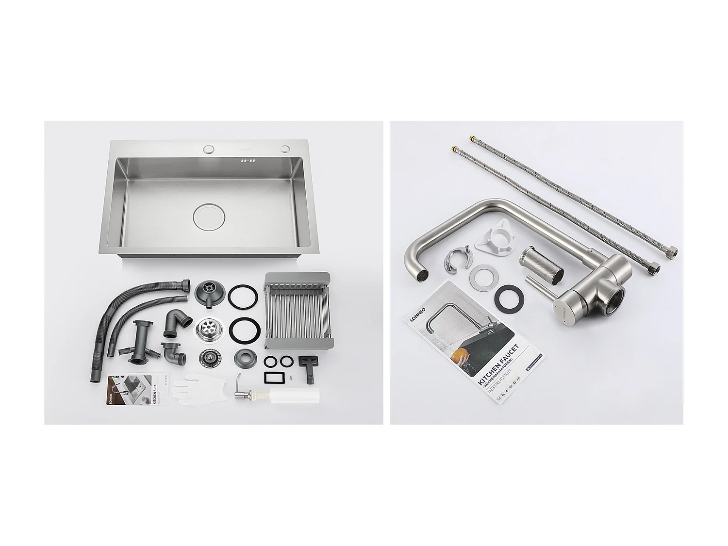 2 en1 Évier Cuisine Brossé 68x45x19CM avec Distrubuteur savon/ Égouttoir panier+Mitigeur Cuisine Rabattable Pivotant 360°  Eau froid Chaud