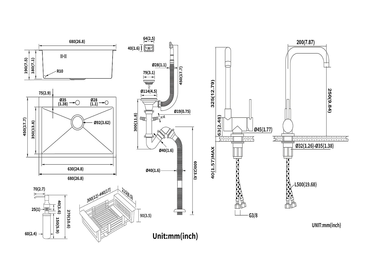 2 en1 Évier Cuisine Brossé 68x45x19CM avec Distrubuteur savon/ Égouttoir panier+Mitigeur Cuisine Rabattable Pivotant 360°  Eau froid Chaud