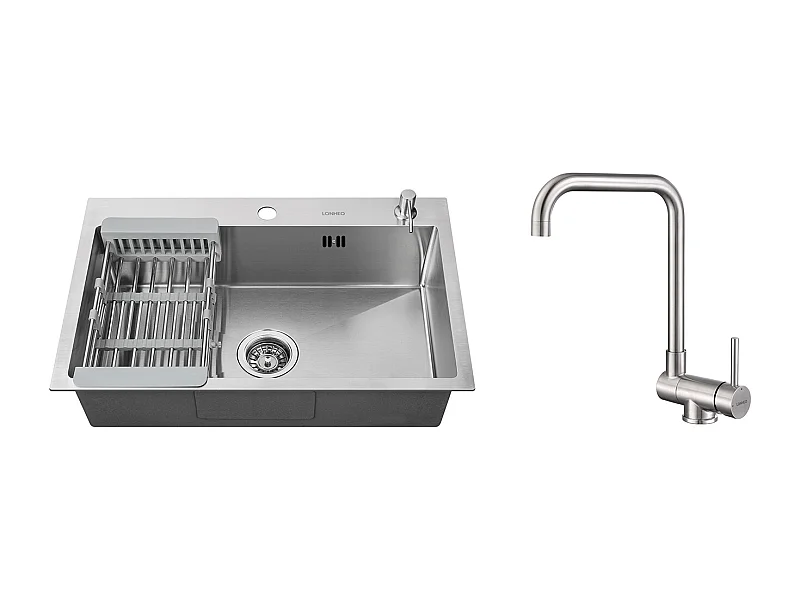 2 en1 Évier Cuisine Brossé 68x45x19CM avec Distrubuteur savon/ Égouttoir panier+Mitigeur Cuisine Rabattable Pivotant 360°  Eau froid Chaud