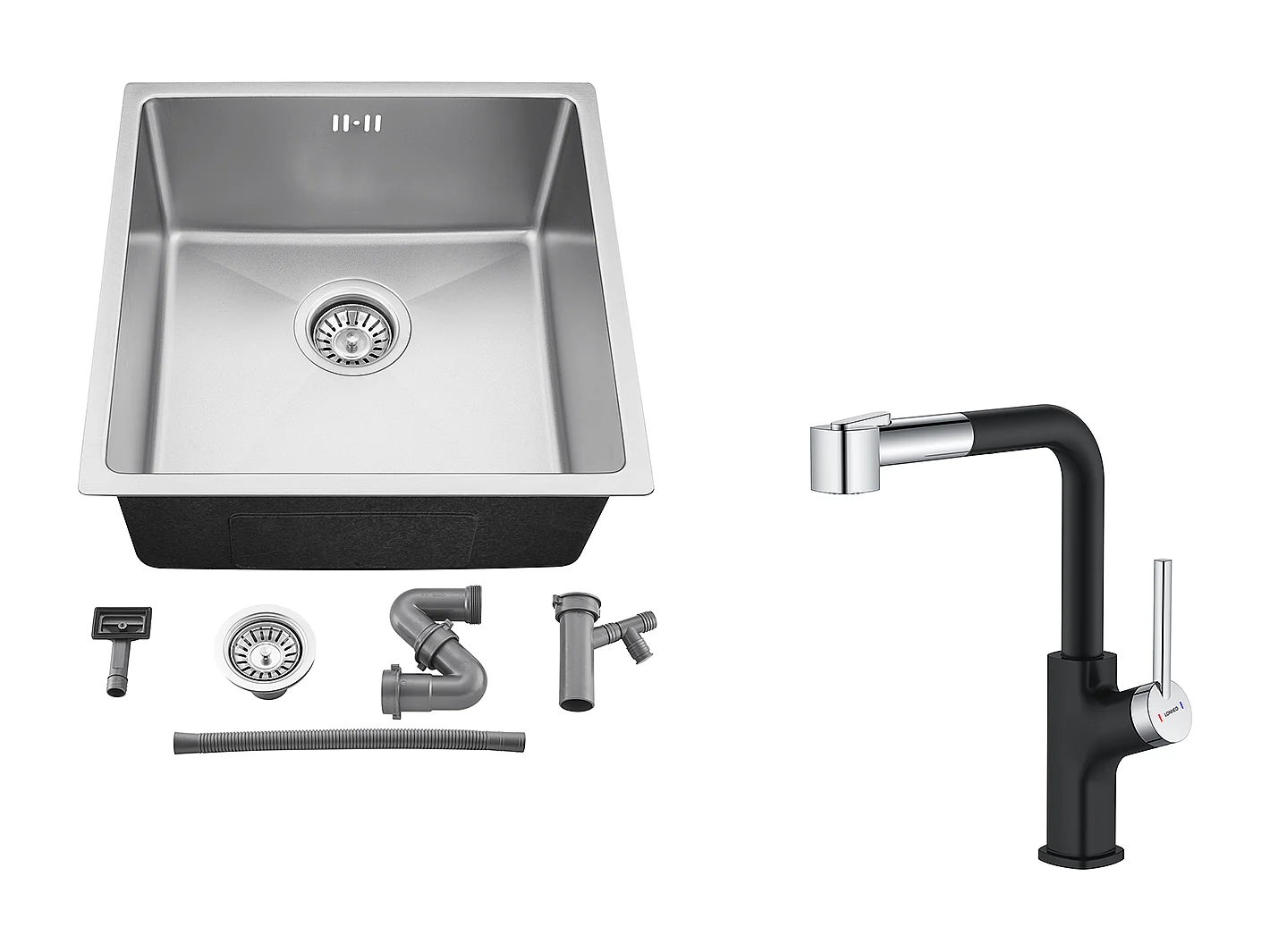 Évier Encastré 44x44x20CM- Évier de Cuisine 1 Bac en Acier Inoxydable 304,Argent+Robinet Cuisine Noir avec Douchette Extractible,2Jets d'Eau