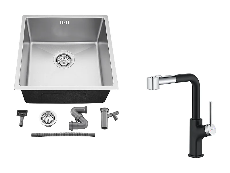 44 x 44 x 20 cm Unterbauspüle - Einzelbecken-Küchenspüle aus Edelstahl 304, silberner + schwarzer Küchenhahn mit ausziehbarer Brause, 2 Wasserdüsen