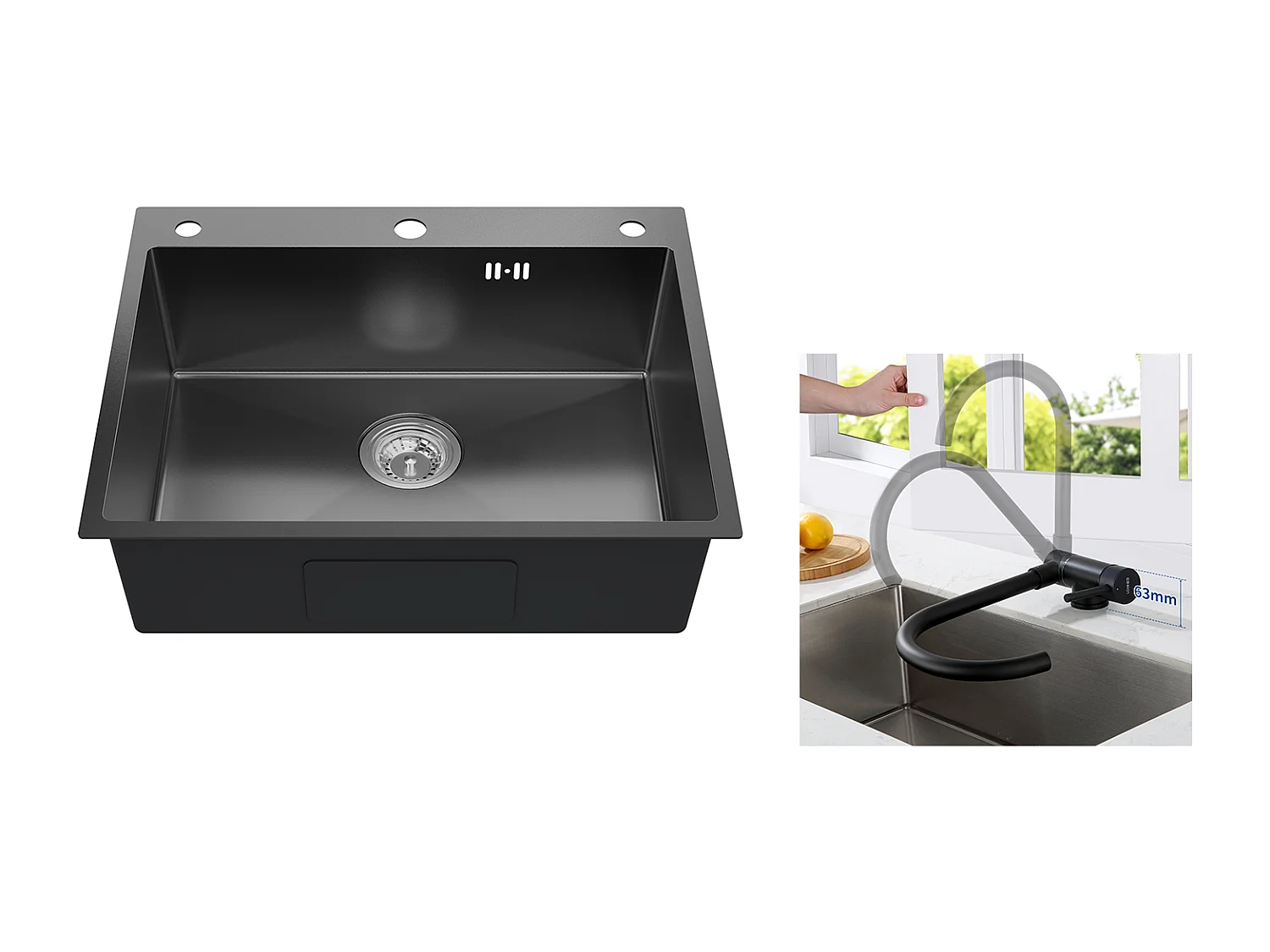 Auralum max Évier Cuisine à Encastrer,1 Bac,60*49*20CM,Acier inoxydable 304,Noir+Mitigeur Cuisine,Acier Inox 304 Rabattable Pivotant à 360°,Noir