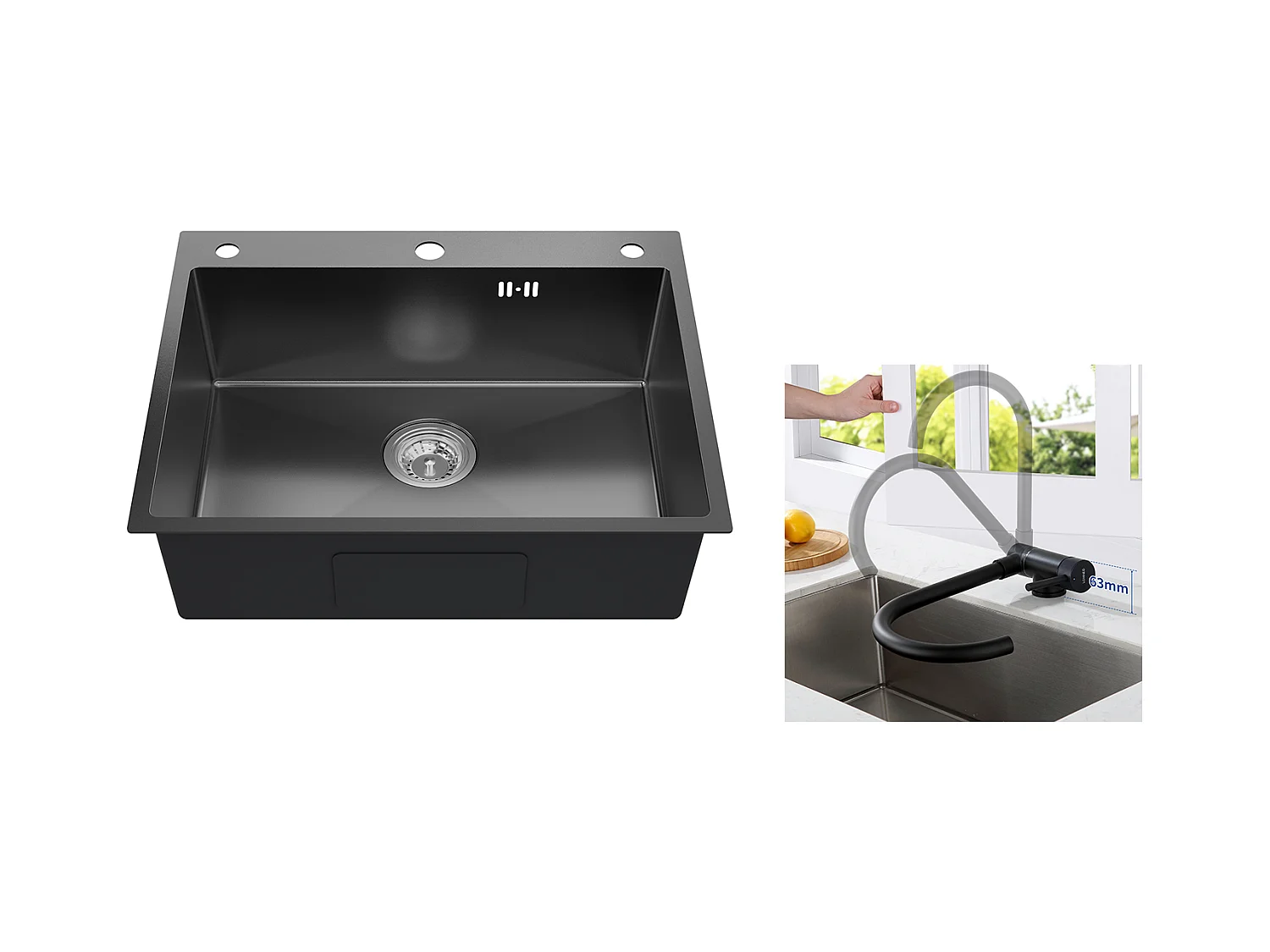 Auralum max Évier Cuisine à Encastrer,1 Bac,60*49*20CM,Acier inoxydable 304,Noir+Mitigeur Cuisine,Acier Inox 304 Rabattable Pivotant à 360°,Noir