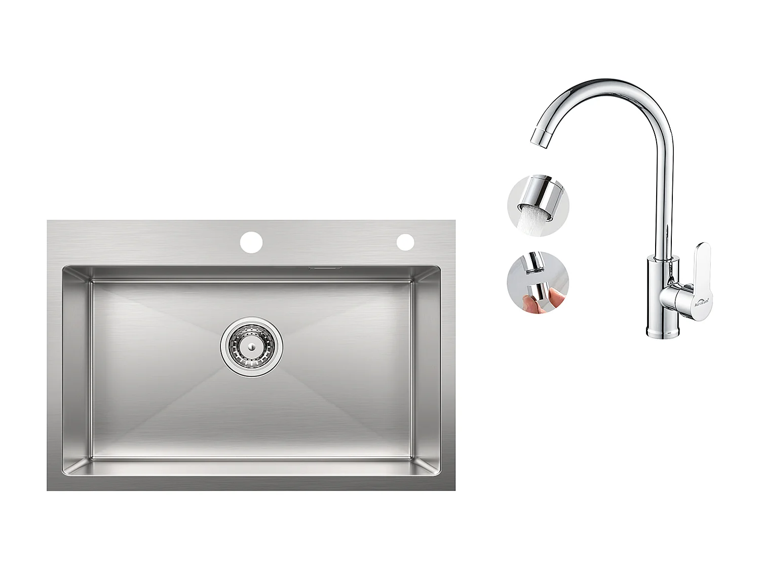 65 x 45 cm Küchenspüle aus gebürstetem Edelstahl mit Einzelbecken, Einbau-/Aufputzmontage + 360° schwenkbarer Küchenhahn mit Warm-/Kaltwasser, Chrom