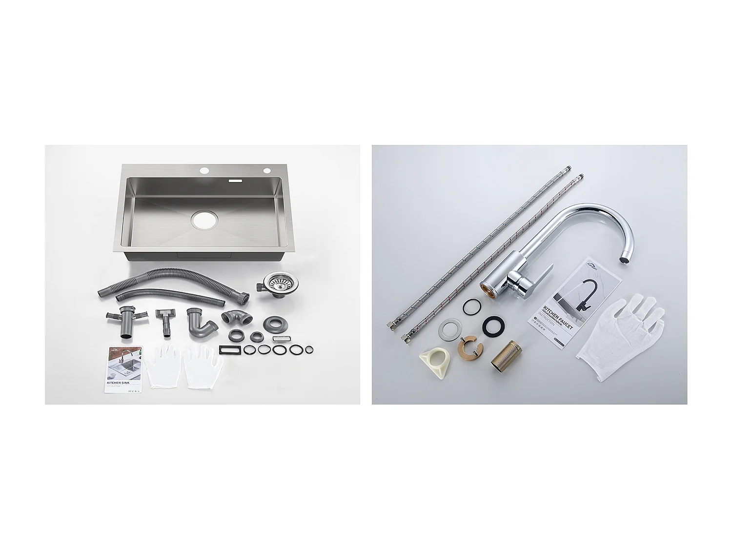 65 x 45 cm Küchenspüle aus gebürstetem Edelstahl mit Einzelbecken, Einbau-/Aufputzmontage + 360° schwenkbarer Küchenhahn mit Warm-/Kaltwasser, Chrom