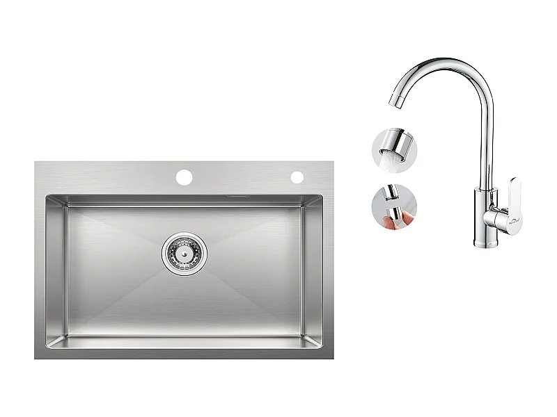 Lavello Cucina 1 Vassoio Inossidabile Spazzolato 65x45CM, incassato/da posare+Rubinetto Cucina Girevole a 360° con Acqua Calda/Fredda,Cromato