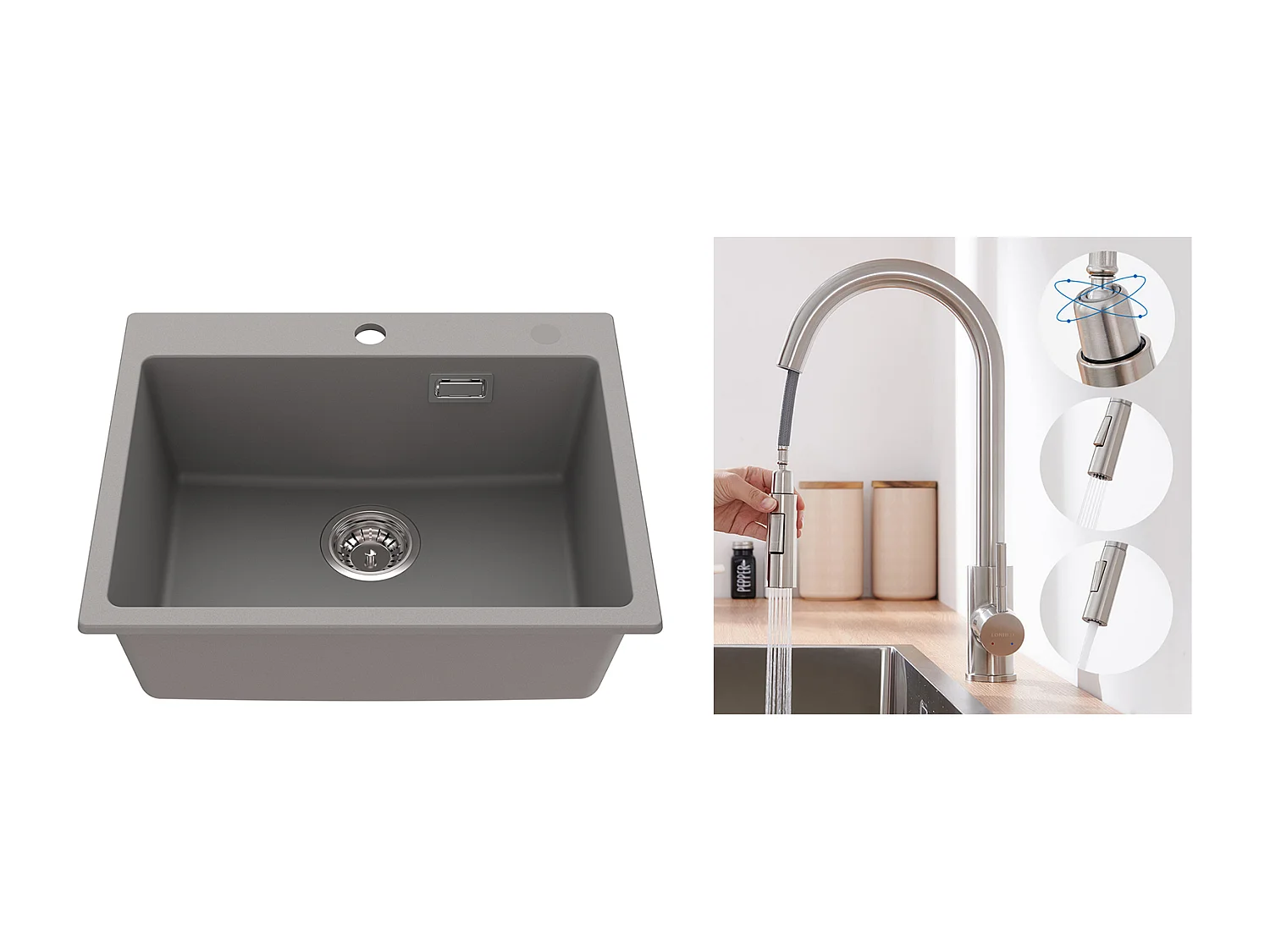 1 Becken Granit-Küchenspüle, 55*45*20cm, Ablaufgarnitur, grau + Küchenmischbatterie mit ausziehbarer Brause, 2 Modi, heißes/kaltes Wasser, gebürstet