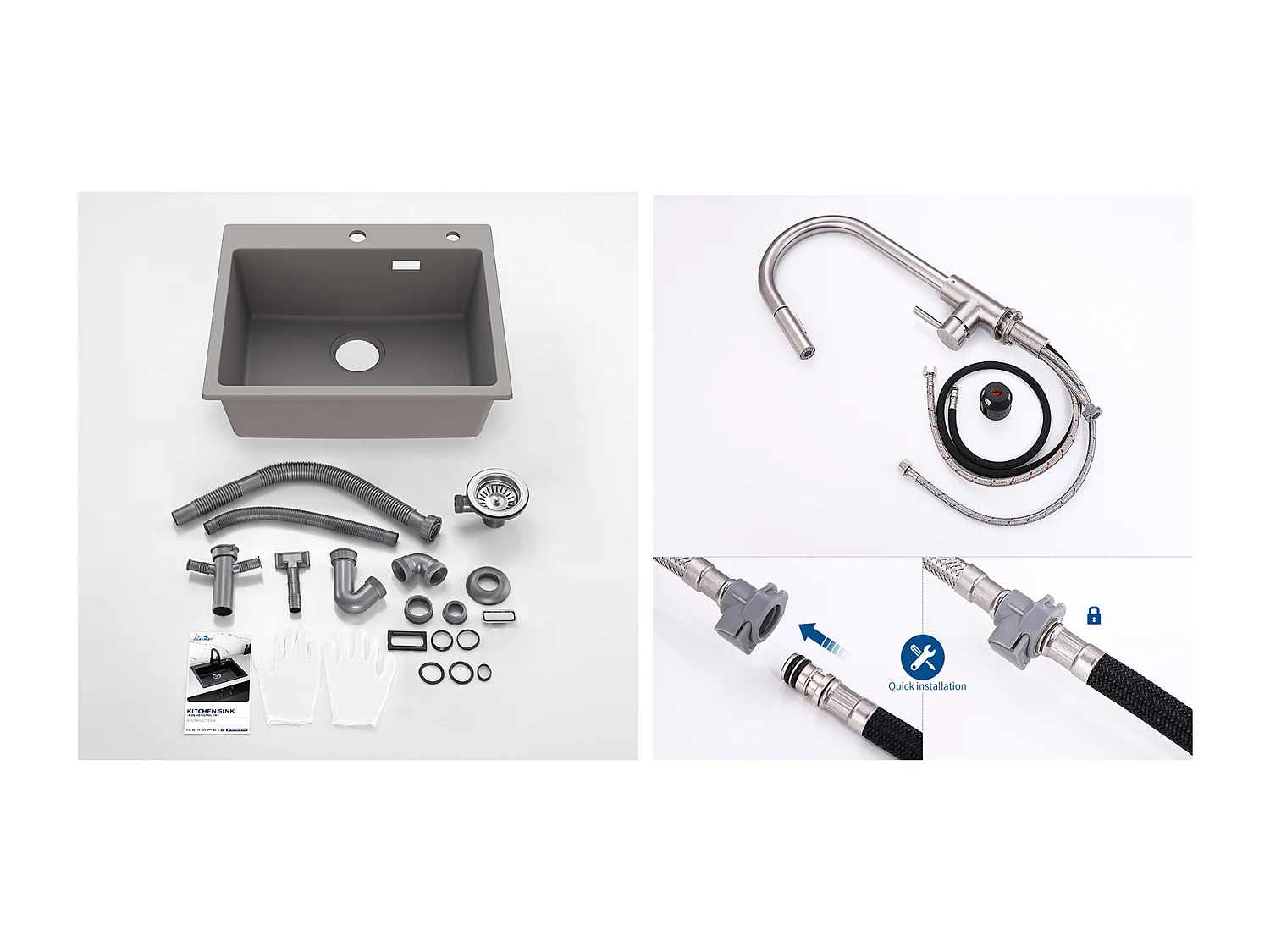 1 Becken Granit-Küchenspüle, 55*45*20cm, Ablaufgarnitur, grau + Küchenmischbatterie mit ausziehbarer Brause, 2 Modi, heißes/kaltes Wasser, gebürstet