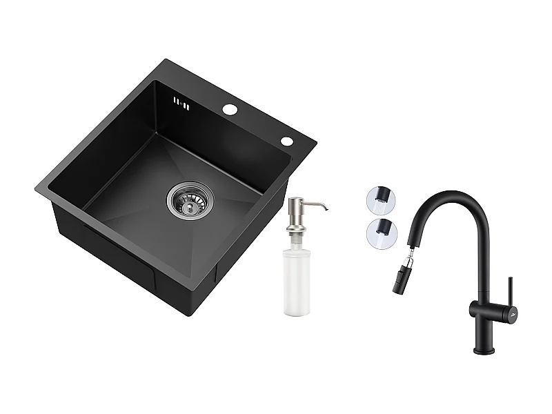 Évier de Cuisine 1 Bac Noir,Inox,44*49*20 CM,avec Distributeur Savon+Robinet Cuisine avecDouchette Extractible 2 Modes Jets ,Noir