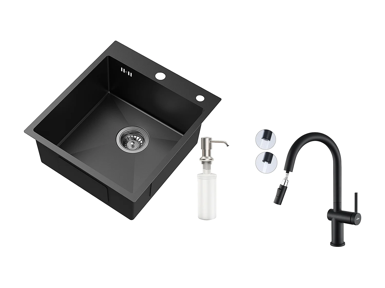 Schwarzes 1-Becken-Spülbecken, Edelstahl, 44 x 49 x 20 cm, mit Seifenspender + Küchenarmatur mit ausziehbarer Brause, 2 Strahlarten, schwarz