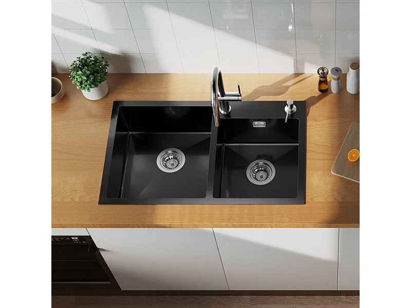 AURALUM MAX  Evier de Cuisine 75x45x19cm,Acier Inoxydable Évier Double Bac avec 2 Trous de Montage/avec Distributeur Savon  Lavabo de Cuisine Kit,Noir