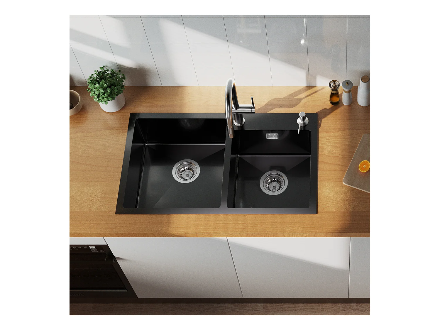 AURALUM MAX  Evier de Cuisine 75x45x19cm,Acier Inoxydable Évier Double Bac avec 2 Trous de Montage/avec Distributeur Savon  Lavabo de Cuisine Kit,Noir