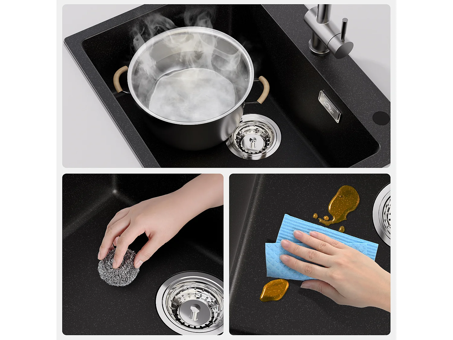 AuraLum Max 1 Bac Évier Cuisine en Granit,55*45*20cm,Kit de Vidage,Noir+Robinet de Cuisine avec Douchette Extractible Rotatif 360 °2 Fonct,EU Modèle