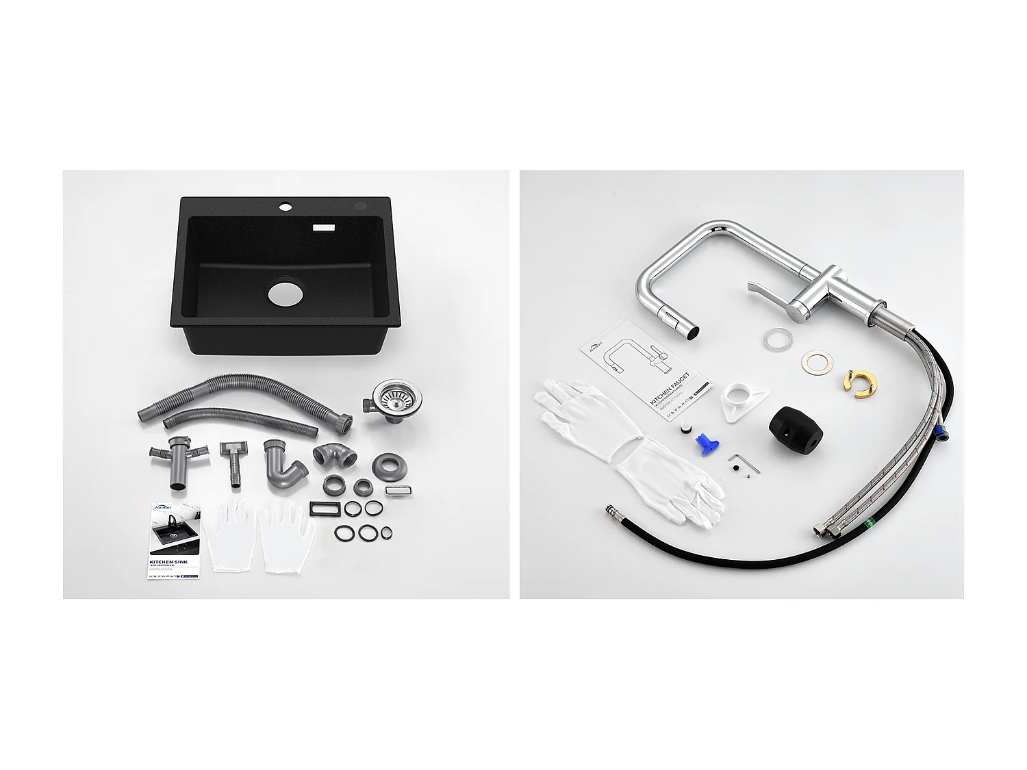 AuraLum Max 1 Bac Évier Cuisine en Granit,55*45*20cm,Kit de Vidage,Noir+Robinet de Cuisine avec Douchette Extractible Rotatif 360 °2 Fonct,EU Modèle