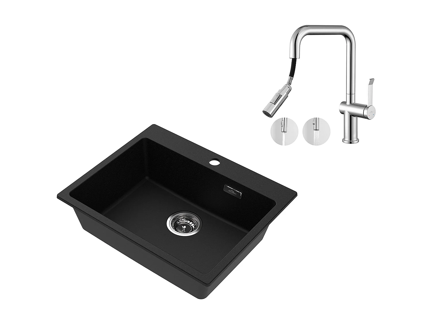AuraLum Max 1 Bac Évier Cuisine en Granit,55*45*20cm,Kit de Vidage,Noir+Robinet de Cuisine avec Douchette Extractible Rotatif 360 °2 Fonct,EU Modèle