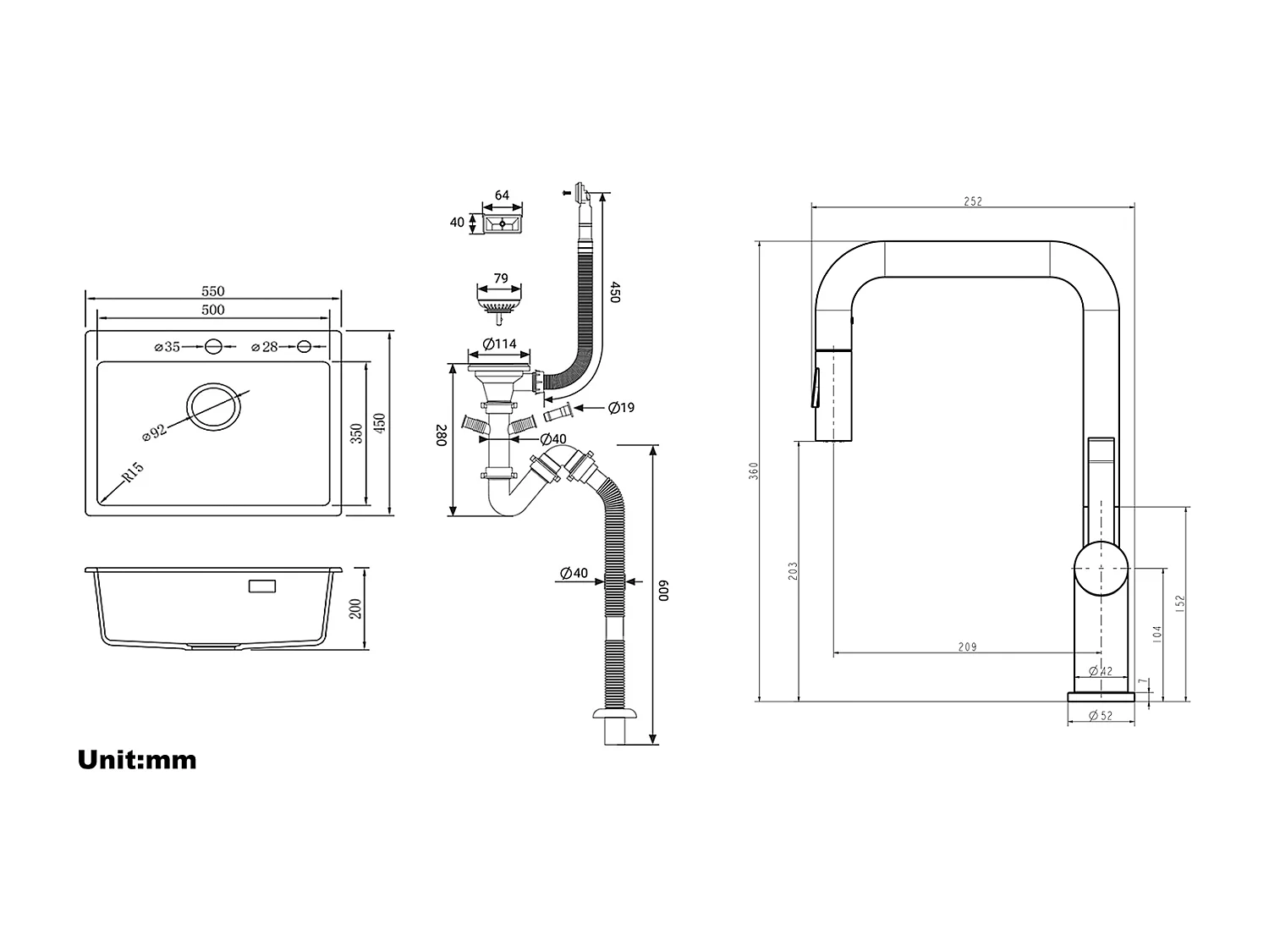 AuraLum Max 1 Bac Évier Cuisine en Granit,55*45*20cm,Kit de Vidage,Noir+Robinet de Cuisine avec Douchette Extractible Rotatif 360 °2 Fonct,EU Modèle