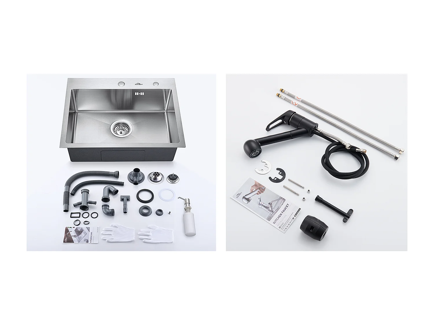 Évier Cuisine 1 Bac 55*45CM Évier Encastré/à Poser avec Distributeur Savon+Robinet Cuisine Noir avec Douchette Extractible 2 Jets à 360°