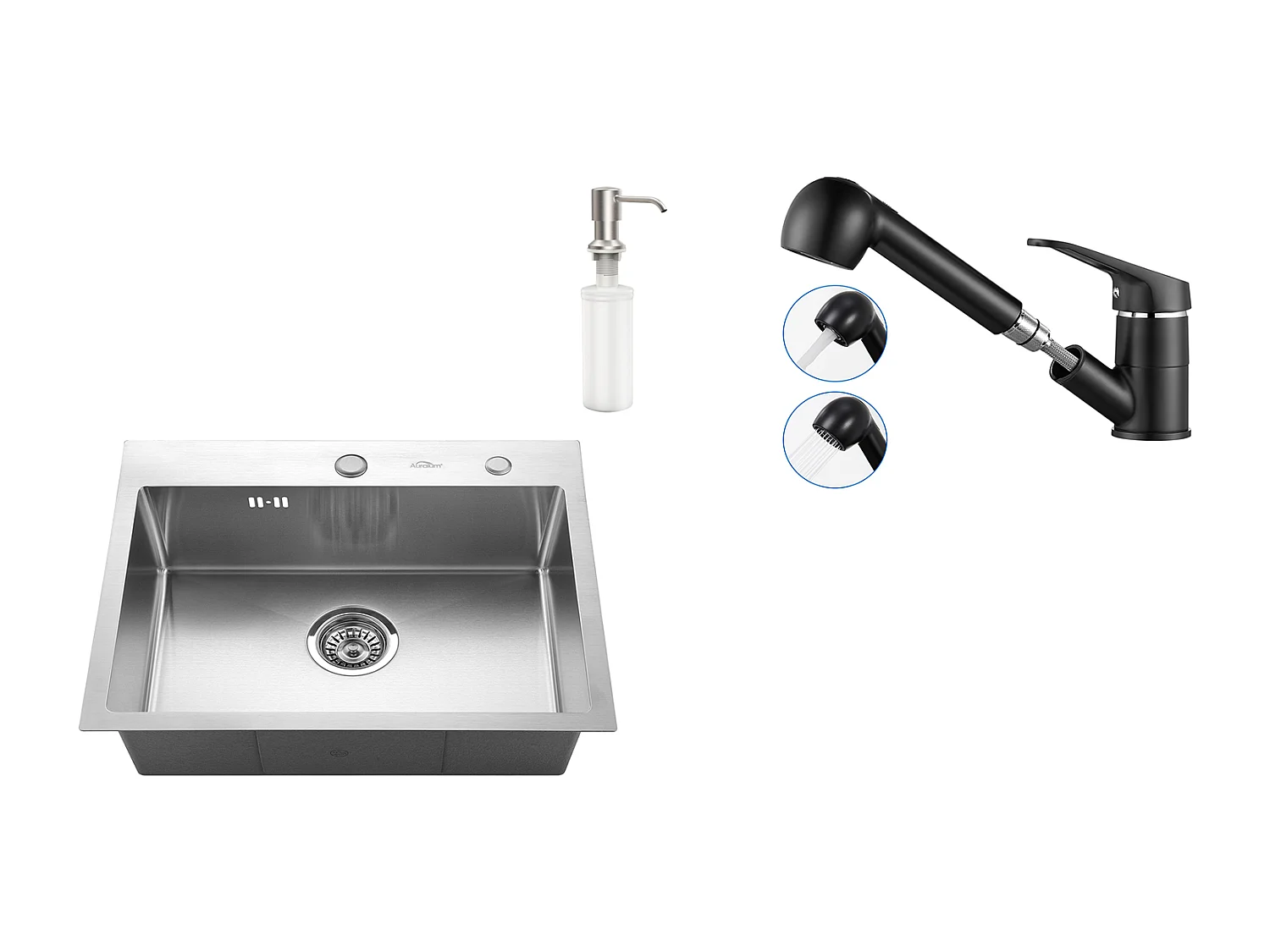 Évier Cuisine 1 Bac 55*45CM Évier Encastré/à Poser avec Distributeur Savon+Robinet Cuisine Noir avec Douchette Extractible 2 Jets à 360°