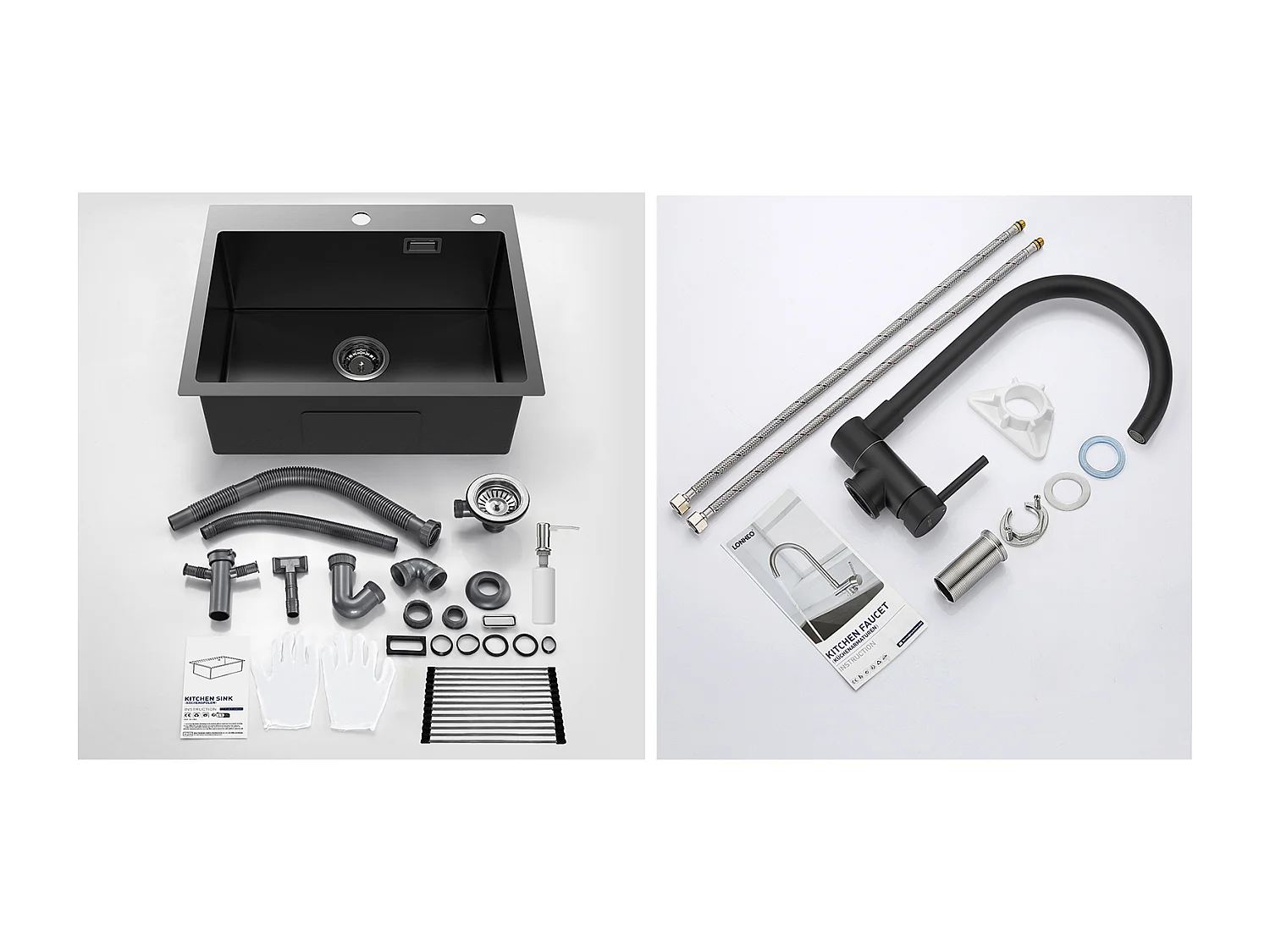 Aanrecht 1 Bak Zwart 58*45*18CM, met Afdruiprek Oprolbaar Aanrecht/Zeepdispenser+Opklapbare RVS Keukenmengkraan 360° Draaibaar,Zwart