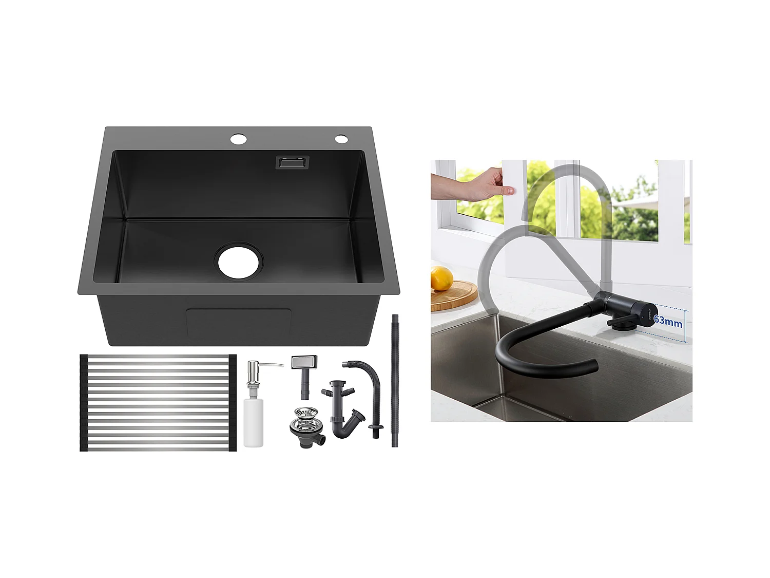 Évier Cuisine1Bac Noir 58*45*18CM,avec Egouttoir évier Enroulable/Distributeur Savon+Mitigeur Cuisine Inox Rabattable Pivotant à 360°,Noir