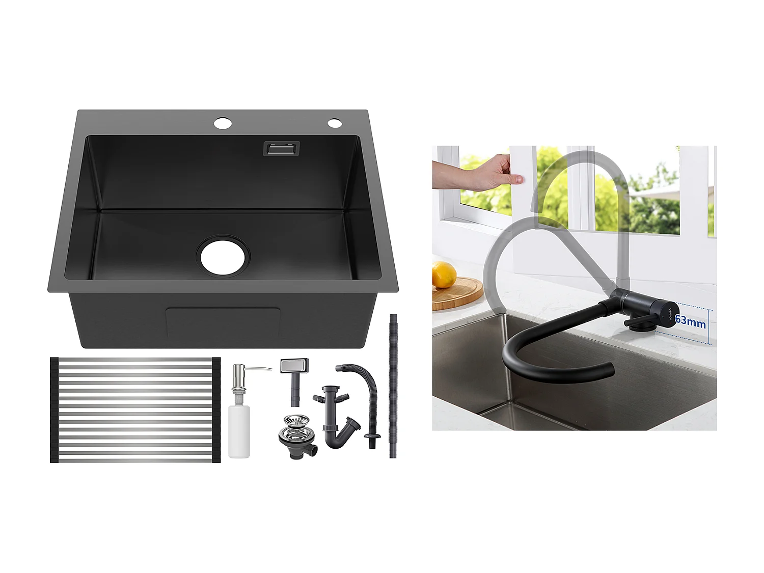 Évier Cuisine1Bac Noir 58*45*18CM,avec Egouttoir évier Enroulable/Distributeur Savon+Mitigeur Cuisine Inox Rabattable Pivotant à 360°,Noir