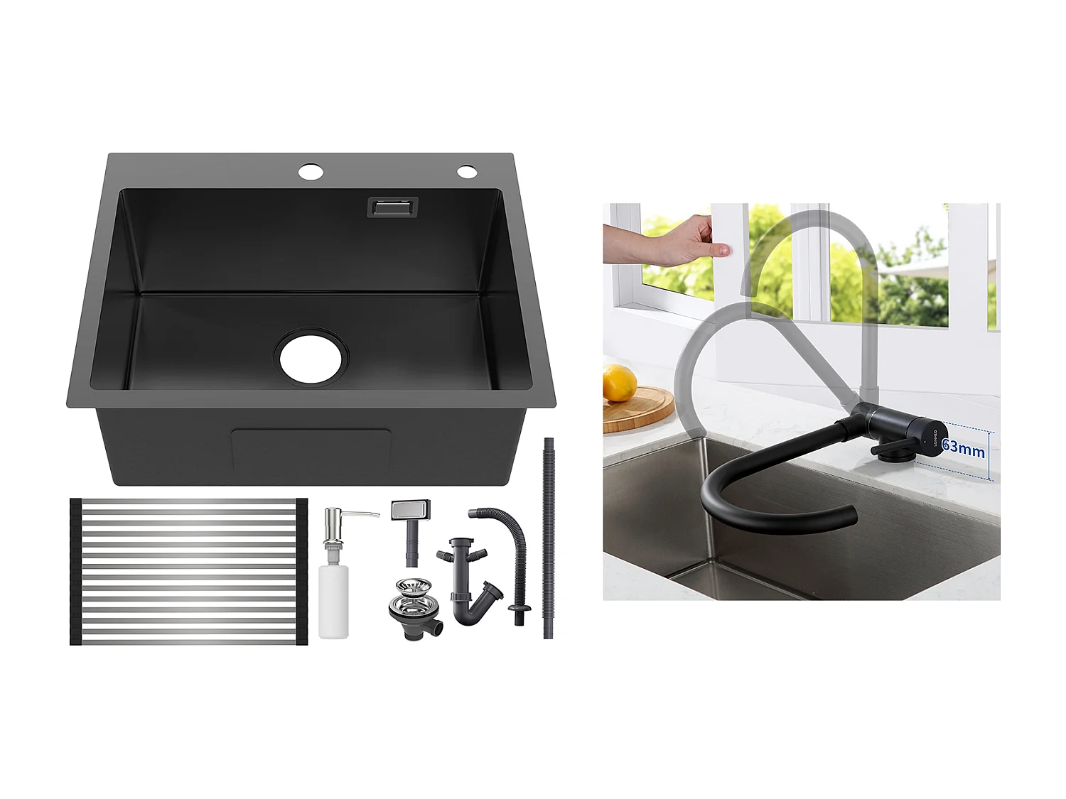 Évier Cuisine1Bac Noir 58*45*18CM,avec Egouttoir évier Enroulable/Distributeur Savon+Mitigeur Cuisine Inox Rabattable Pivotant à 360°,Noir
