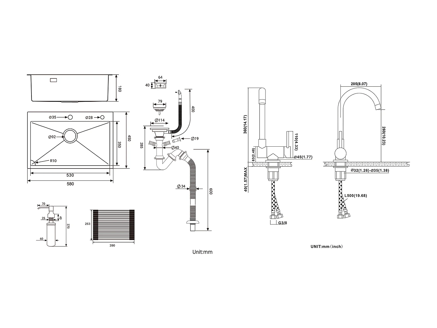 Évier Cuisine1Bac Noir 58*45*18CM,avec Egouttoir évier Enroulable/Distributeur Savon+Mitigeur Cuisine Inox Rabattable Pivotant à 360°,Noir